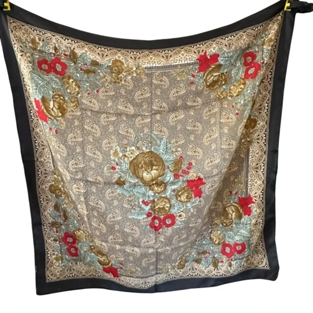Vintage Floral Silk Paisley Square Scarf Black Gold Red 30 Inch Accessory‎